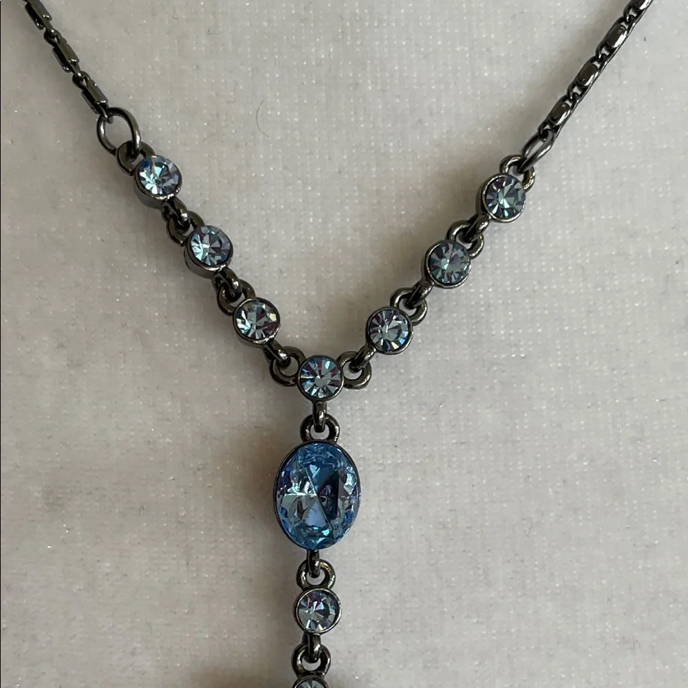 GIVENCHY Silver Gunmetal Necklace Y Drop Blue Crystals Vintage - Picture 7 of 17